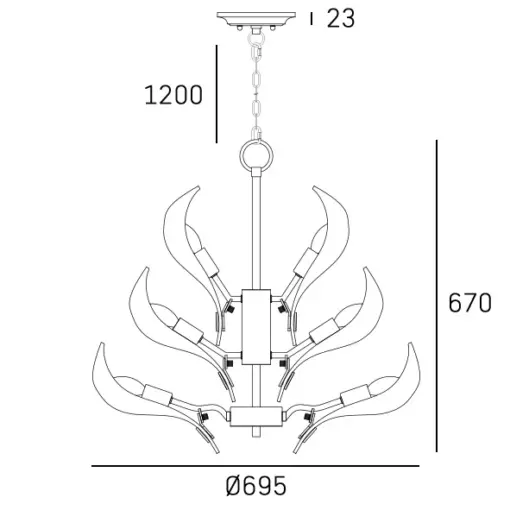 LAMPA WISZĄCA Cannes, mosiężny stelaż, szklany klosz w formie liści, modern classic, duża, wymiary