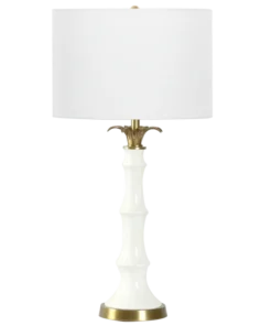 LAMPA STOŁOWA Loboc ceramiczna, biała podstawa, mosiężne, metalowe detale, stylowa, wyjątkowa